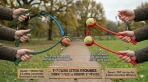 An illustration of the throwing mechanics comparing the flexible lever action of a Chuckit tool to a stiff generic launcher.