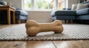 A sturdy, tan-coloured natural rubber bone toy placed on a living room rug.