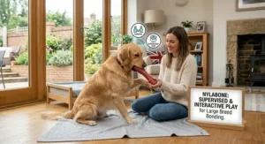 An owner and their large dog playing together, demonstrating how to use a Nylabone for supervised engagement.