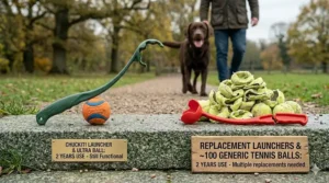 A comparison showing the long-term durability of a Chuckit launcher against a pile of broken generic launchers and tennis balls.