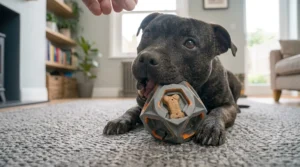 A dog engaging with an innovative, treat-dispensing indestructible toy.