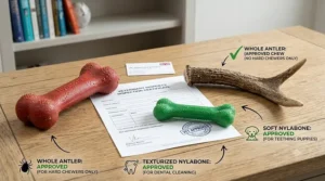 A selection of Nylabone and antler chews arranged with a veterinary inspection certificate, showing expert-approved options for dogs.
