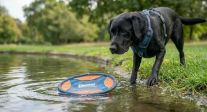 A bright-coloured rubber dog frisbee floating on the surface of a pond for easy retrieval.