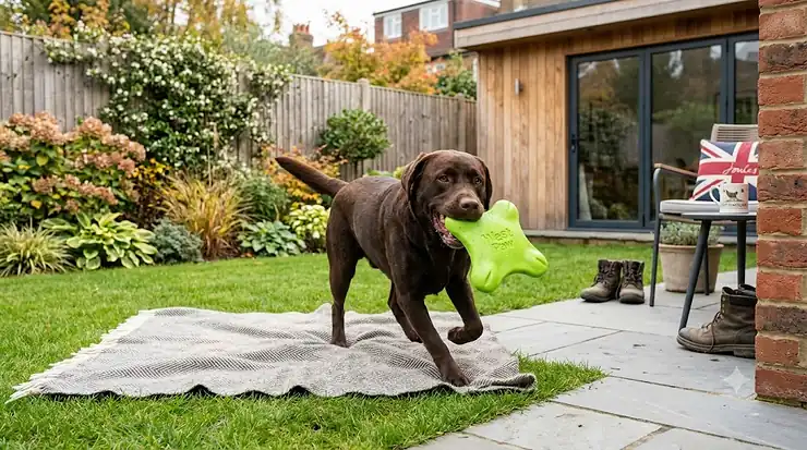 A chocolate Labrador playing in a British garden with a bright West Paw Zogoflex dog toy. west paw zogoflex dog toy