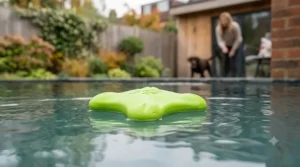 A bright West Paw Zogoflex dog toy floating on the surface of a pond, demonstrating its buoyancy.
