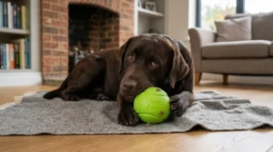 A dog playing quietly indoors with a West Paw Zogoflex toy on a cosy rug.