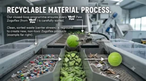An industrial infographic explaining the recyclable material process for West Paw Zogoflex dog toys.