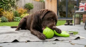A chocolate Labrador calmly chewing on a durable West Paw Zogoflex dog toy indoors.
