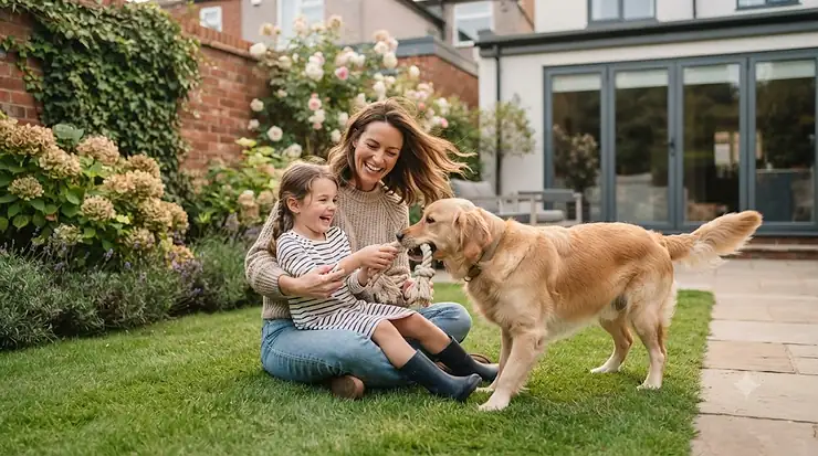 A Golden Retriever dog happily playing tug-of-war with a durable cotton rope toy, supervised by its owner in a garden. are rope toys safe for dogs