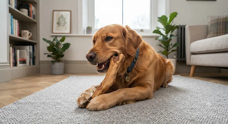 A happy Golden Retriever safely chewing on a durable, natural olive wood toy indoors. are wooden dog chew toys safe