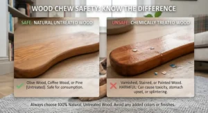 Comparison panel illustrating safe untreated wood versus unsafe, varnished wood with artificial paint chips.