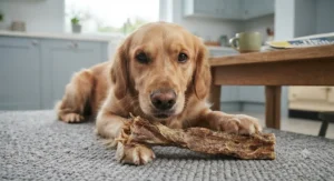 A healthy Golden Retriever happily chewing on a tough, natural beef sinew dental treat on a grey textured rug.