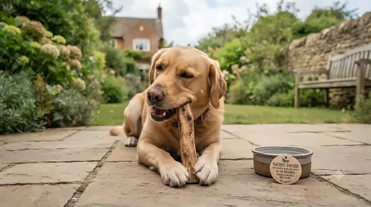 A happy Labrador Retriever lies on a stone patio in a traditional British garden, chewing on a durable, natural olive wood dog chew. sustainable wood dog chews