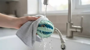 A person rinsing a dental chew ball under a kitchen tap.