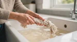 A clean rope dog toy being hand-washed in a utility sink to remove bacteria and maintain hygiene.