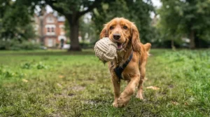 An energetic English Cocker Spaniel holding a colourful rope ball dog toy during a park walk.