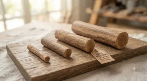 A selection of coffee wood dog chews in various sizes displayed on a wooden table.