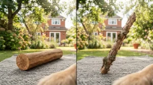 A comparison between a safe coffee wood dog chew and a standard garden stick.