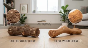 Side-by-side comparison of dense coffee wood and softer olive wood dog chews on a wooden floor.