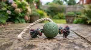 Dual-texture cotton rope and rubber ball combo for tug-of-war games.