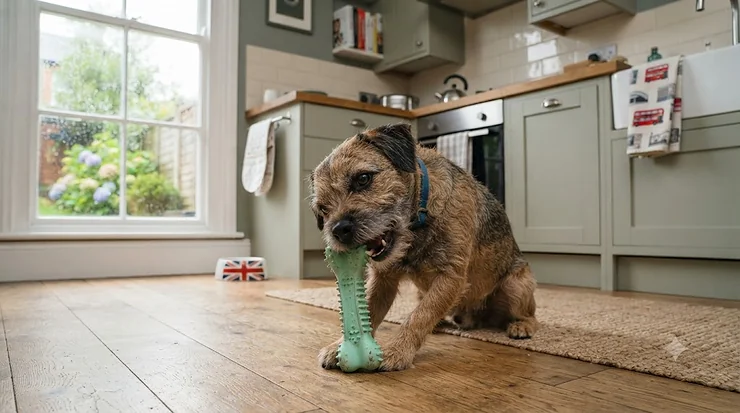 Border Terrier dog chewing a mint-green dental toy in a British kitchen dental chew toys under £10