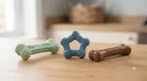 A set of three varied dental health chew toys arranged on a wooden surface