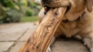 An extreme close-up macro photograph showing the intricate grain and texture of the olive wood dog chew, highlighting its fibrous, splinter-free quality.
