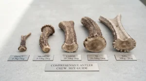 A size guide showing the correct antler weight for small to large dog breeds.