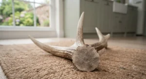 An infographic size guide showing the correct antler thickness for different dog breeds to ensure safe and comfortable chewing.