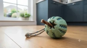 A happy dog playing with a textured rubber dental chew ball.