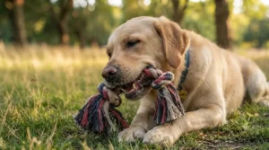 A large dog chewing on a multi-knot rope toy to help maintain dental health.