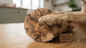 A dog playing with a natural olive wood chew on a wooden floor.