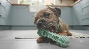A dog happily chewing on a ridge-textured toy to improve gum health.