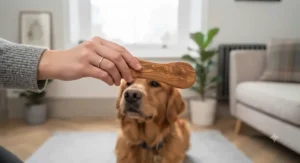 A hand presenting a natural olive wood chew to a Golden Retriever under close supervision.