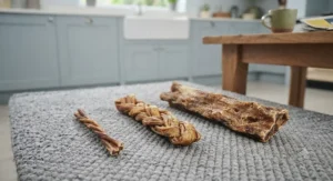 A selection of three different sized natural dog chews, ranging from small to large, arranged to show suitability for all breeds.
