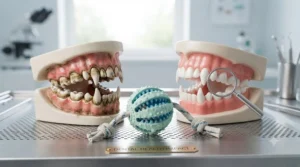 Diagram showing how dental chew balls help reduce plaque on dog teeth.