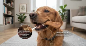 Macro diagram showing safe olive wood pulp fibres gently cleaning a Golden Retriever's teeth.