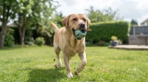 A dog running in a garden with a dental chew ball in its mouth.