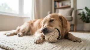 A relaxed dog enjoying some indoor playtime on a rug with a durable, non-fraying rope ball dog