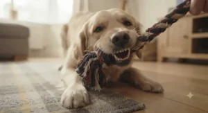 A happy dog engaged in a game of tug-of-war with a sturdy, knotted rope toy in a garden setting.