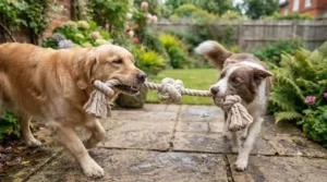 Two dogs happily playing tug-of-war with a thick cotton rope toy.