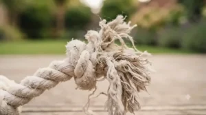 A close-up of a heavily frayed and damaged cotton rope dog toy, showing loose fibres that pose a choking hazard.