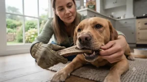 An owner supervising their dog while it enjoys a long-lasting split antler.