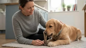 An owner supervising their dog while it enjoys a natural antler chew treat.