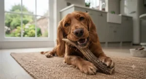 A dog chewing on an antler to show how the natural abrasive texture helps clean teeth and reduce plaque buildup in dogs.