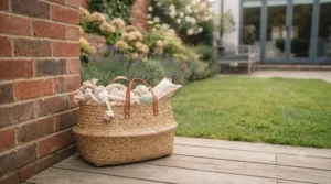 A woven basket used for storing dog toys, keeping them tidy and safely out of reach when not in use.