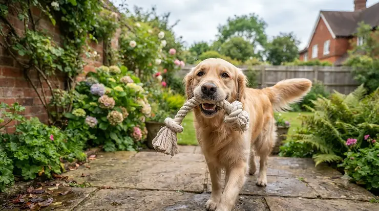Golden Retriever playing with a durable braided cotton rope dog toy in a garden. cotton rope dog toys