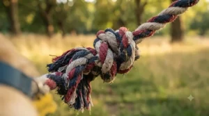 Close-up of the braided cotton weave on a multi-knot rope dog toy.