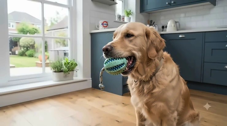 A durable rubber dental chew ball for dogs resting on a wooden floor. dental chew balls for dogs