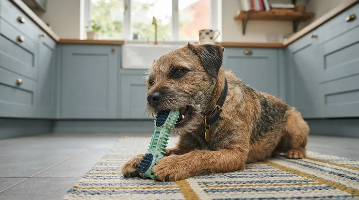 A durable rubber dental chew toy for dogs sitting on a clean wooden floor. dental chew toys for dogs